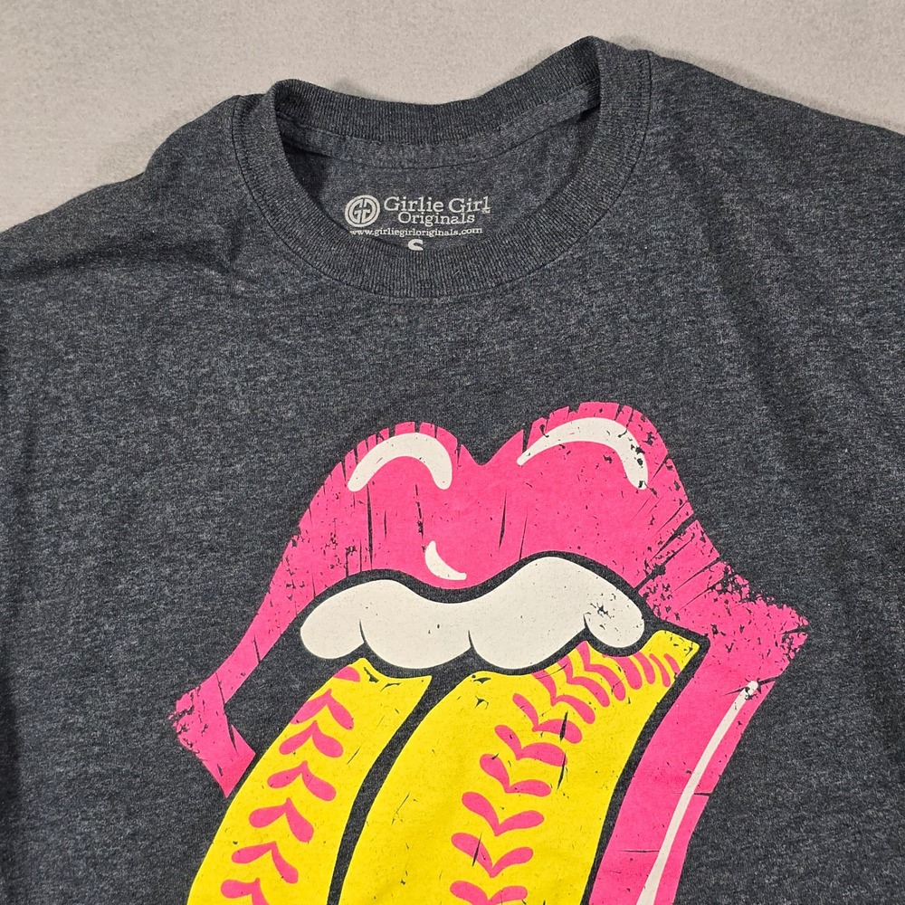 Girlie Girl Womens Small Gray T Shirt Softball Lips Graphic Vintage Style Tee